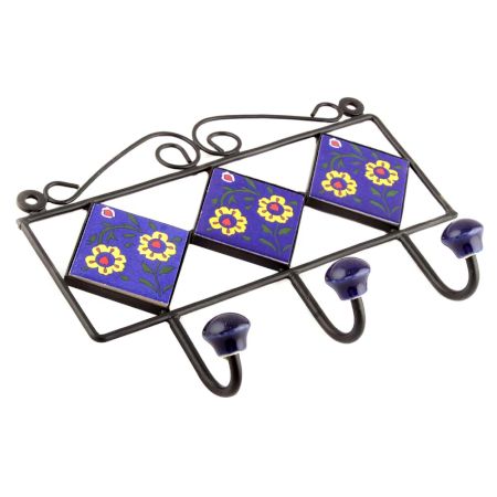 Navy Blue And Yellow Ceramic Floral Tiles Hooks